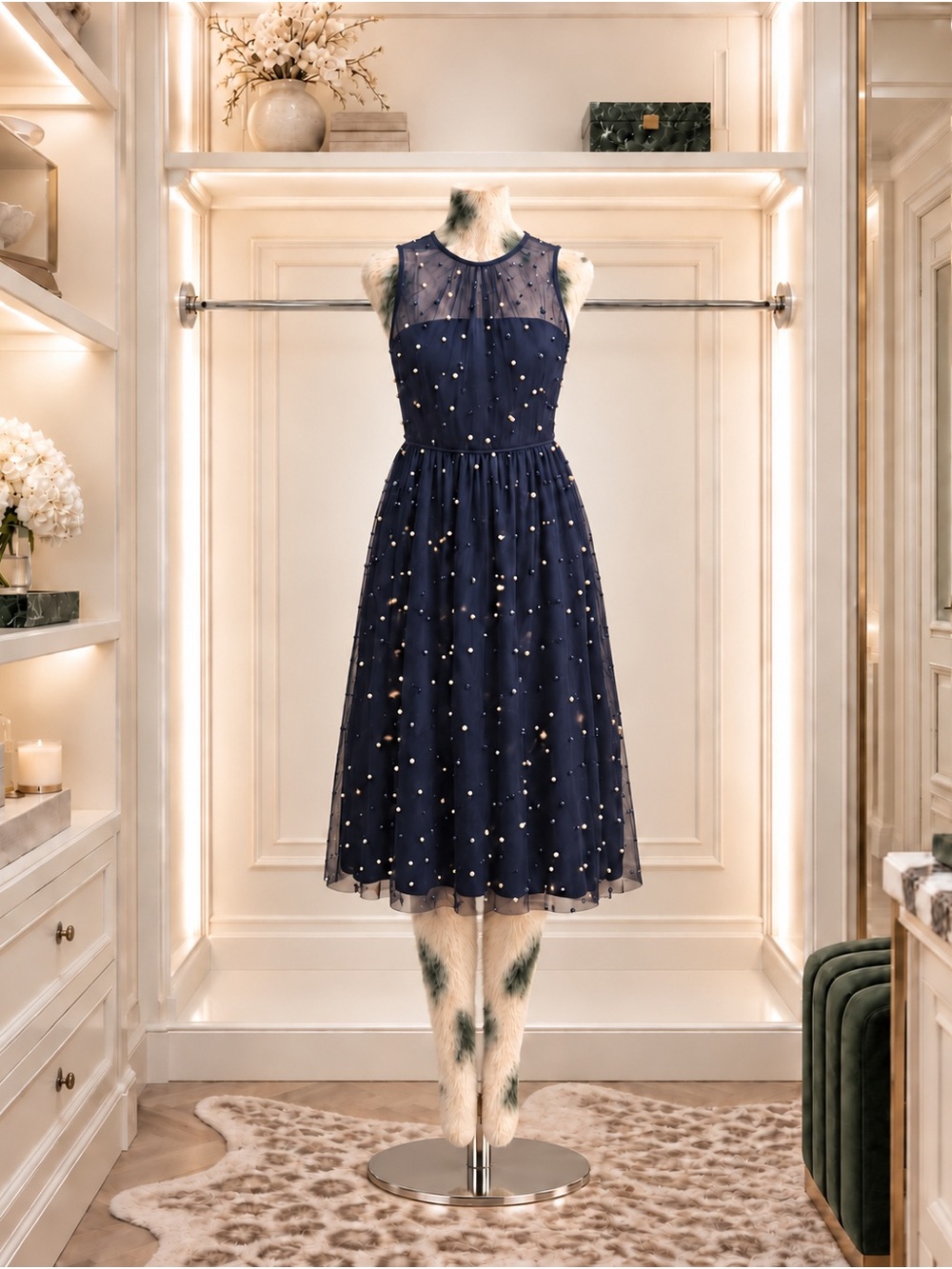 Maggy London Navy Embellished Mesh Midi Dress, US 4